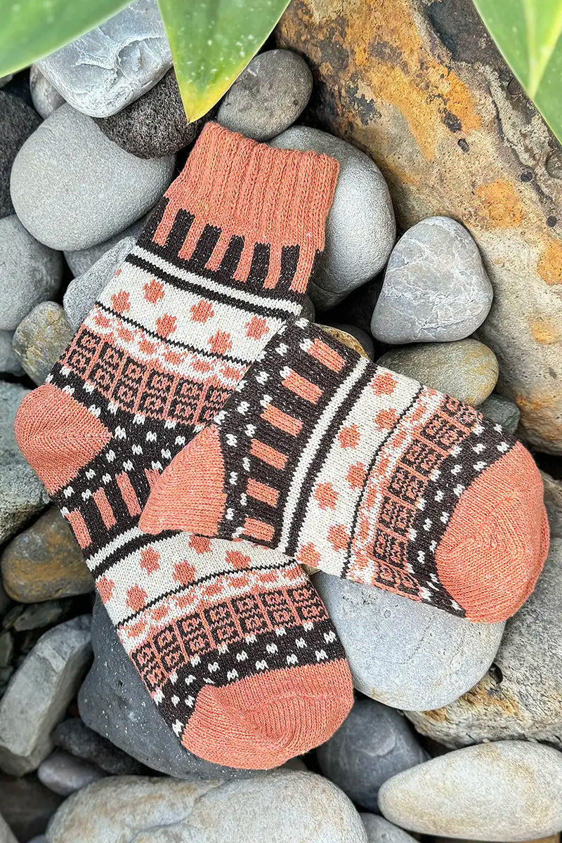 Nordic Style Socks in Burnt Orange Cross by Mabel + Meg in the garden