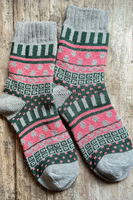 Nordic Style Socks in Grey Cross by Mabel + Meg pair on wooden background