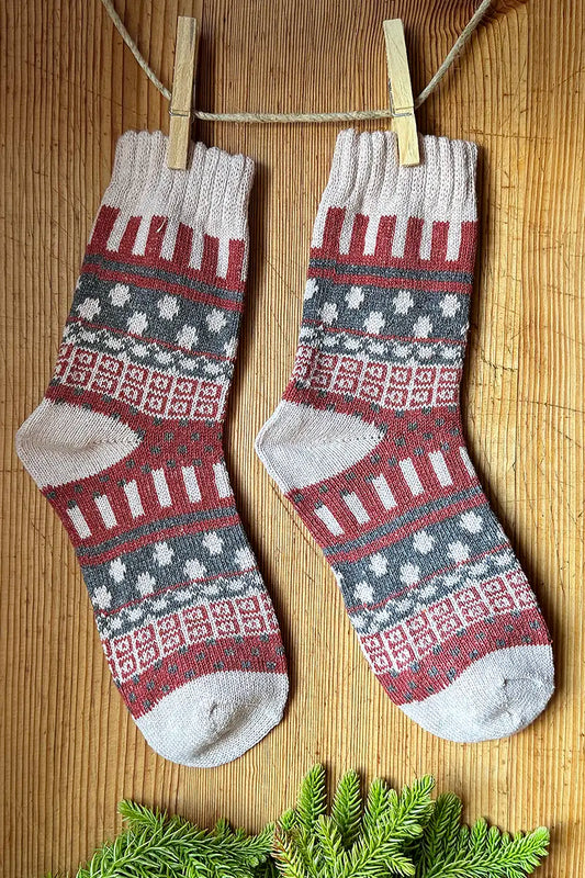 Nordic Style Socks in Mushroom Cross by Mabel + Meg pair handing on line