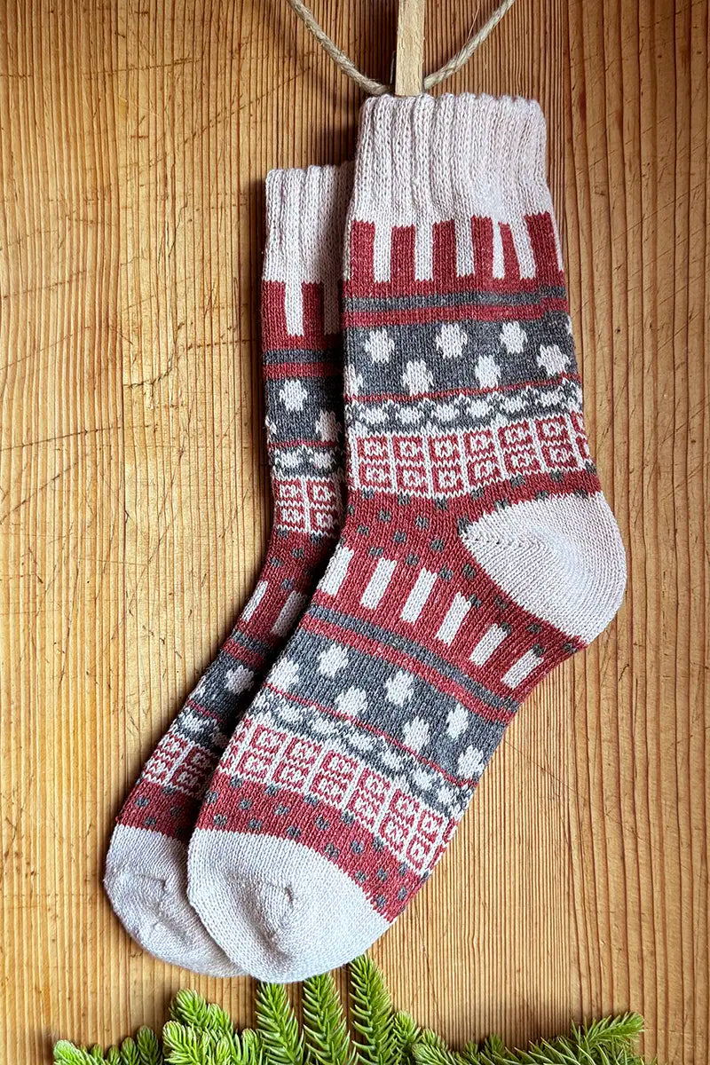 Nordic Style Socks in Mushroom Cross by Mabel + Meg pegged on the line