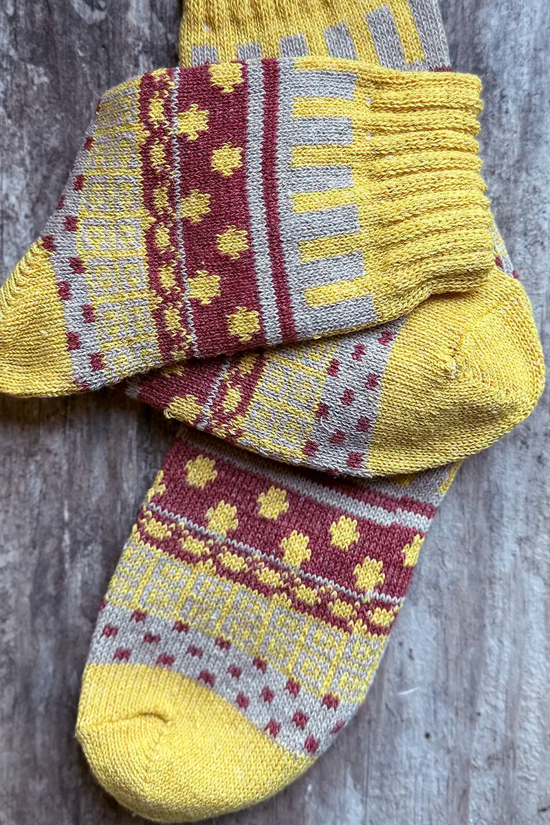 Nordic Style Socks in Mustard Cross by Mabel + Meg detailed view