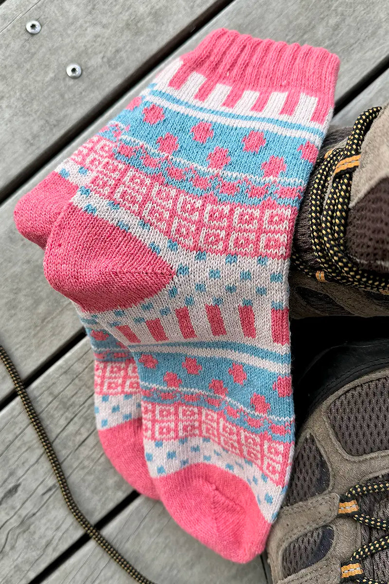 Nordic Style Socks in Pink Cross by Mabel + Meg on shoes ready for a walkl