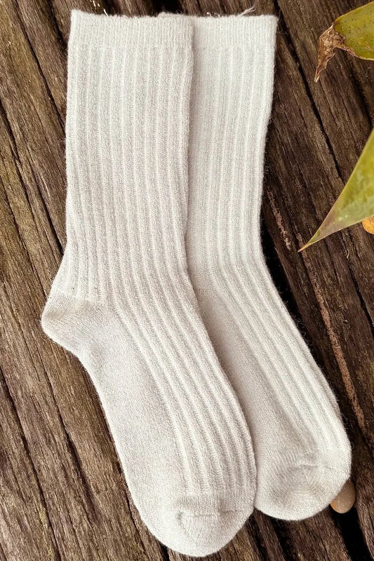 Wool Blend Crew Socks in Cream by Mabel + Meg pair on driftwood