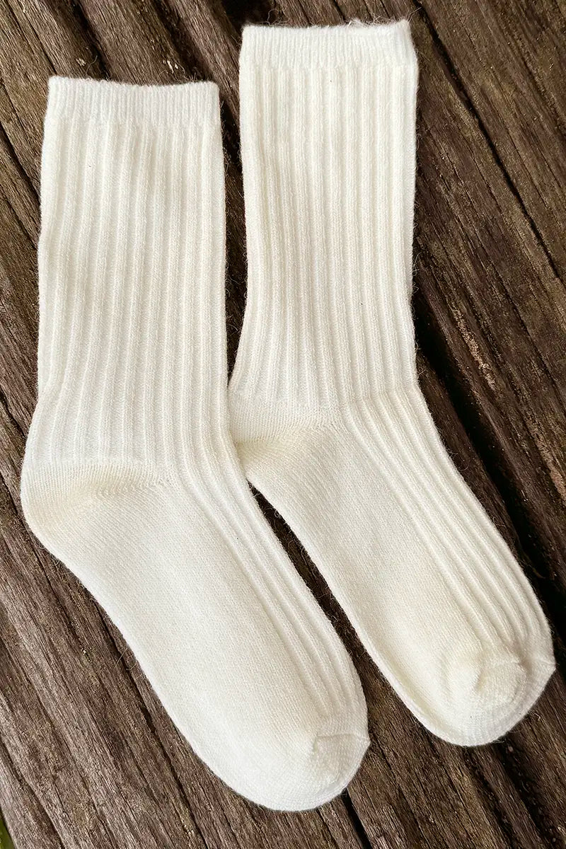 Wool Blend Crew Socks in Cream by Mabel + Meg pair on driftwood