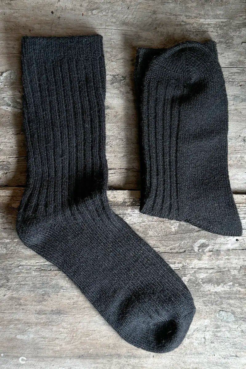 Wool Blend Crew Socks in Black by Mabel + Meg one folded one laid flat