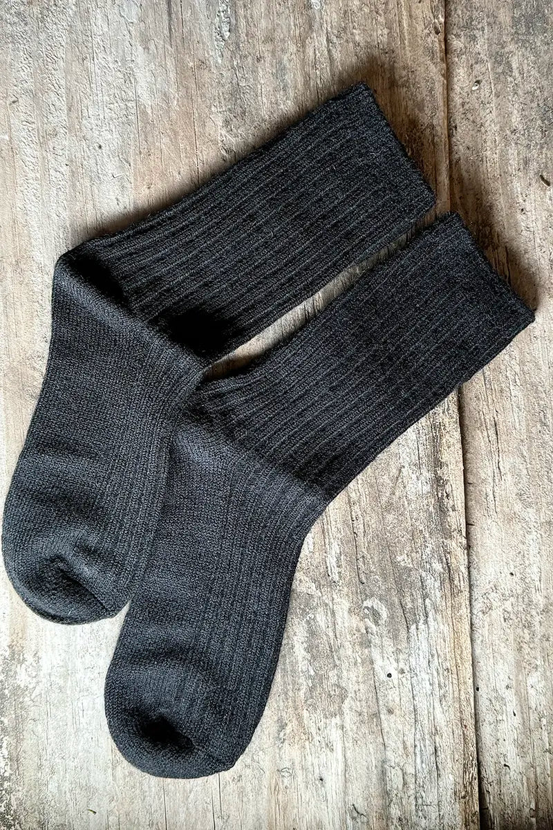 Wool Blend Crew Socks in Black by Mabel + Meg pair laid flat