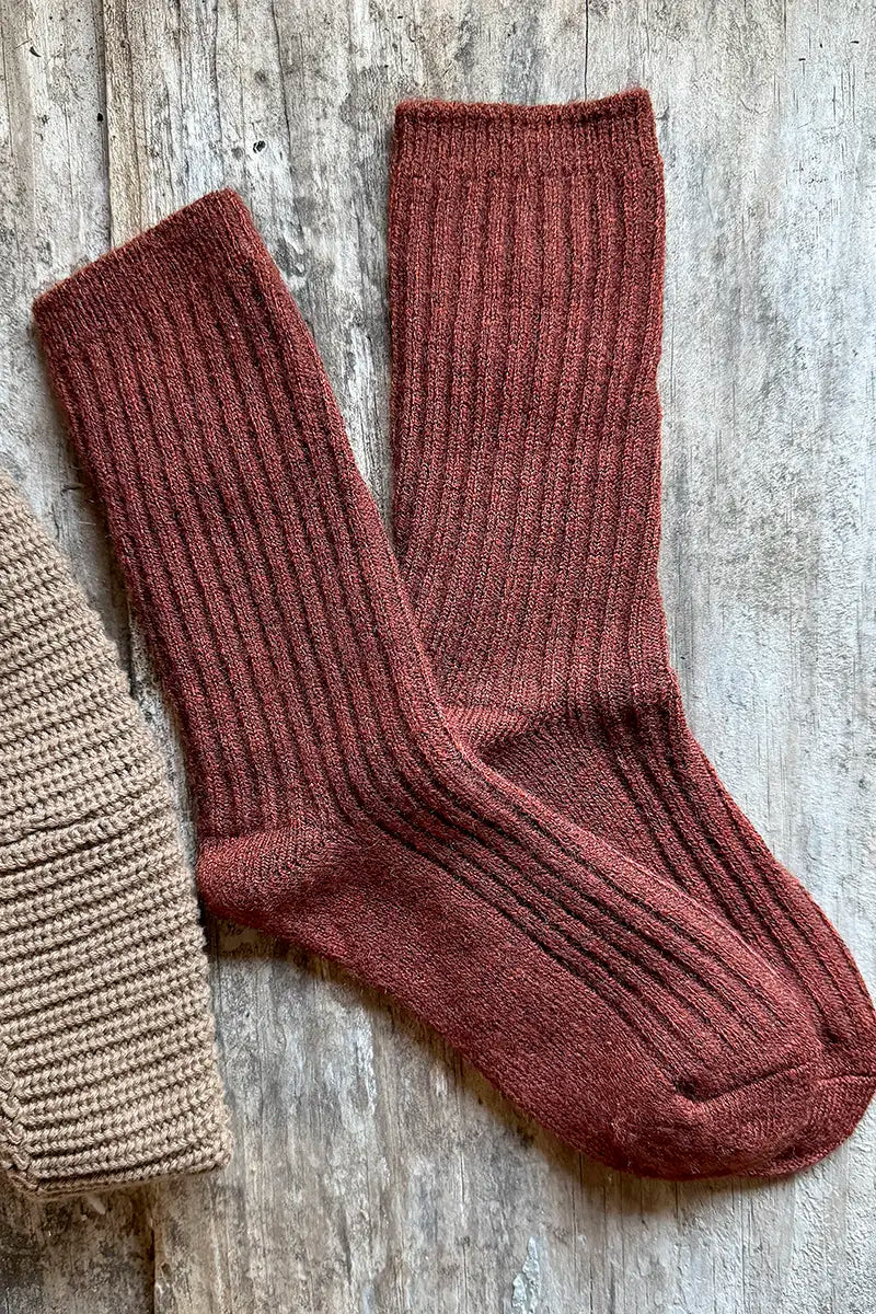 Wool Blend Crew Socks in Dark Rust by Mabel + Meg pair on timber background