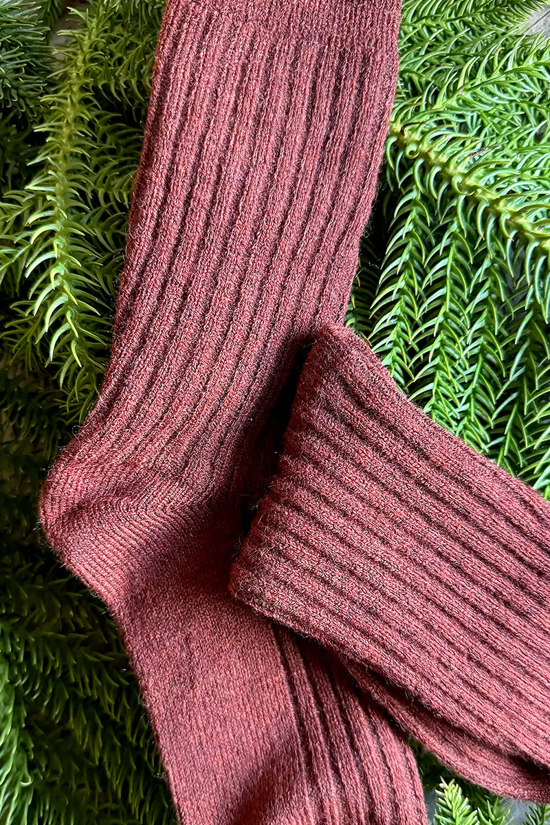 Wool Blend Crew Socks in Dark Rust by Mabel + Meg with one sock folded