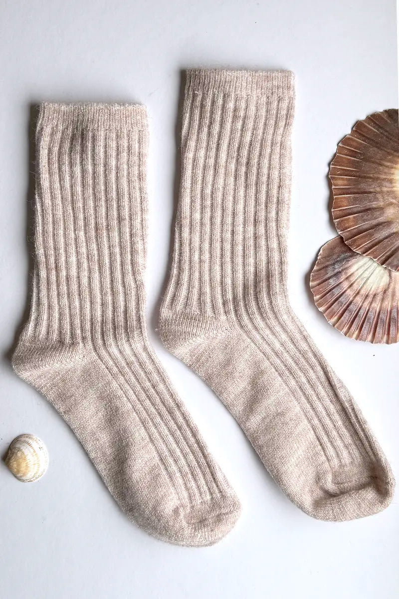 Wool Blend Crew Socks in Mushroom by Mabel + Meg pair with shells