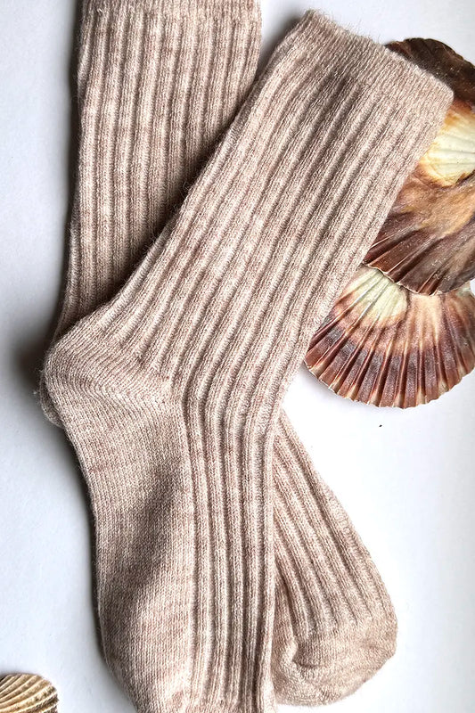 Wool Blend Crew Socks in Mushroom by Mabel + Meg detailed view with shells