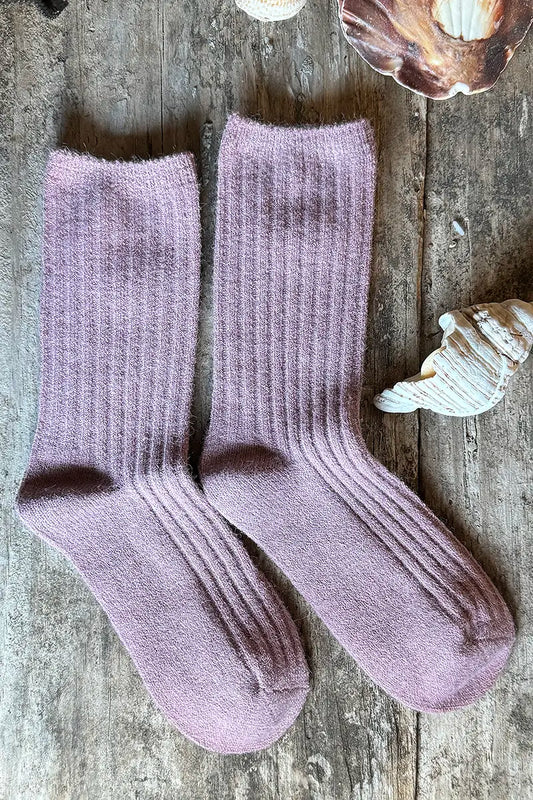 Wool Blend Crew Socks in Musk by Mabel + Meg pair on wooden bench with shells