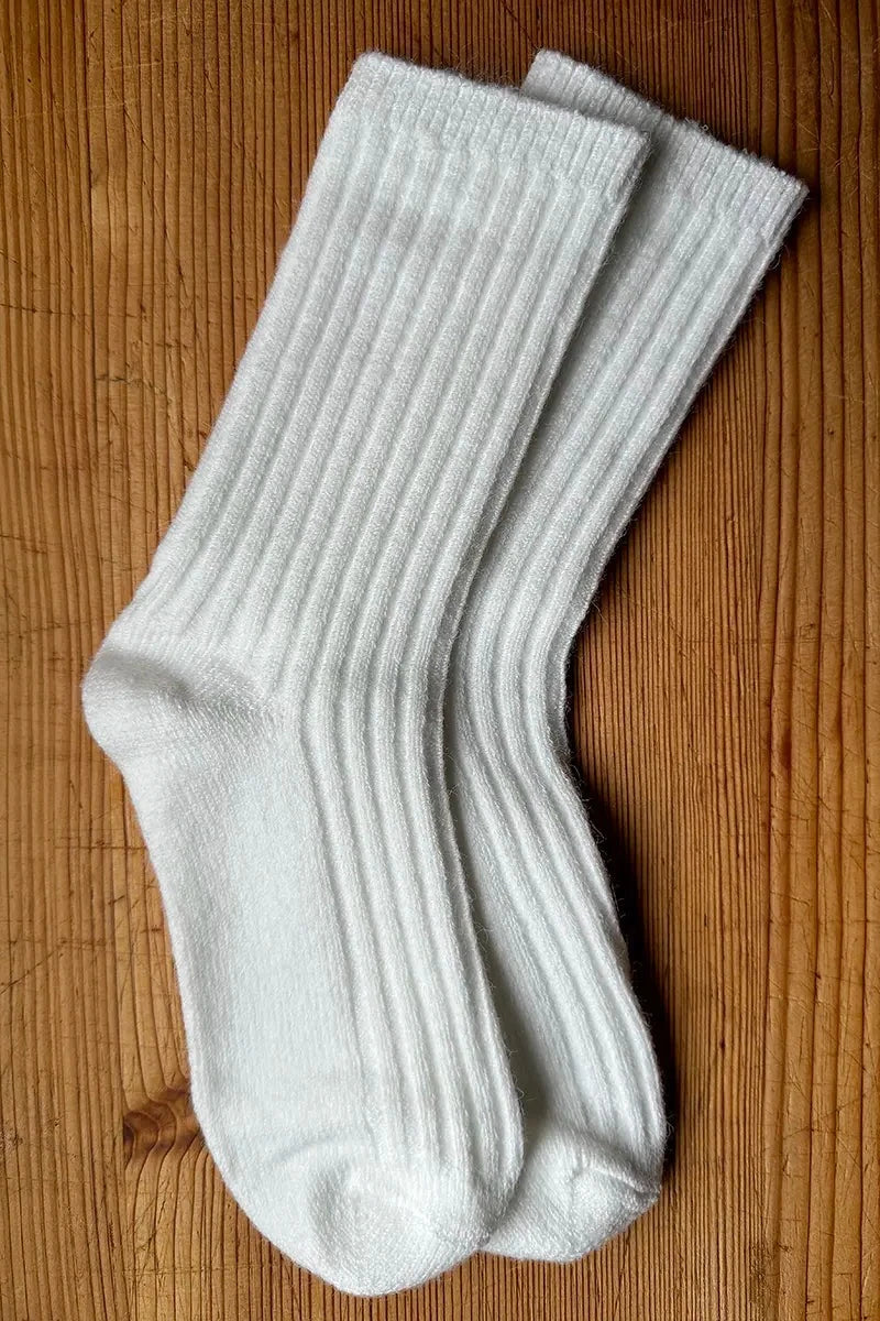 Wool Blend Crew Socks in Off White by Mabel + Meg pair on timber board