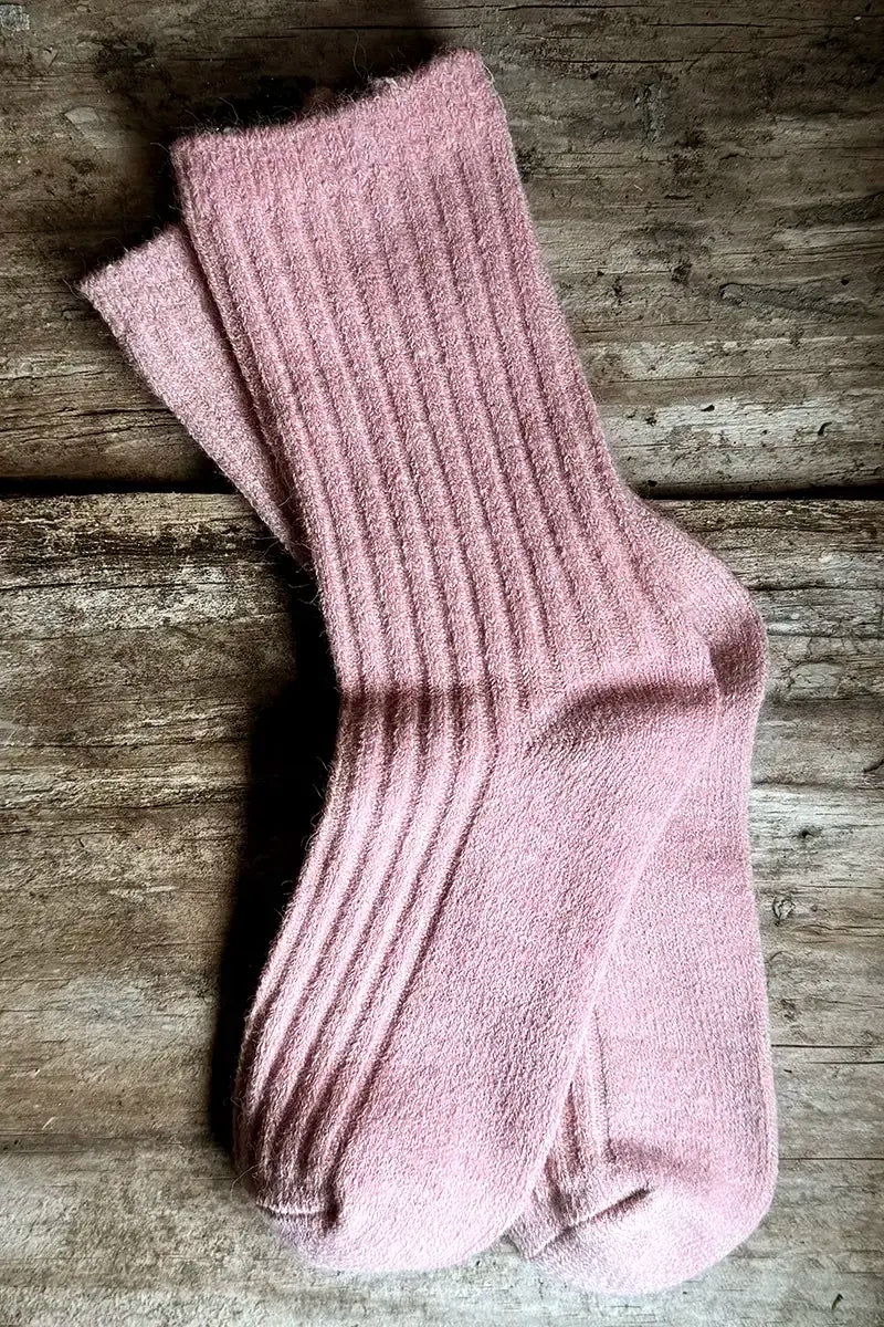 Wool Blend Crew Socks in Pink by Mabel + Meg pair on wooded background